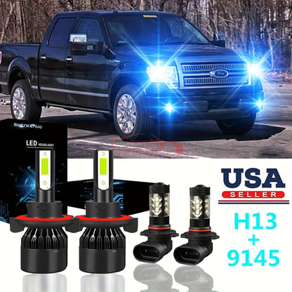4pcs For 2004-2014 for ford F-150 Ice Blue/ White LED Headlight Bulbs High/Low Beam + Fog Light Bulbs Combo, Super Bright Plug And Play Easy To Install, Without Battery