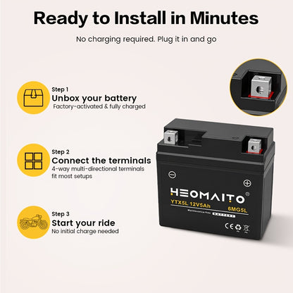 HEOMAITO 6MG5L-YTX5L 12V 5Ah Sealed Battery, Maintenance-Free Power, for AGM, Motorcycle CTX5L Battery for Honda YUASA for Yamaha ETX5L-B
