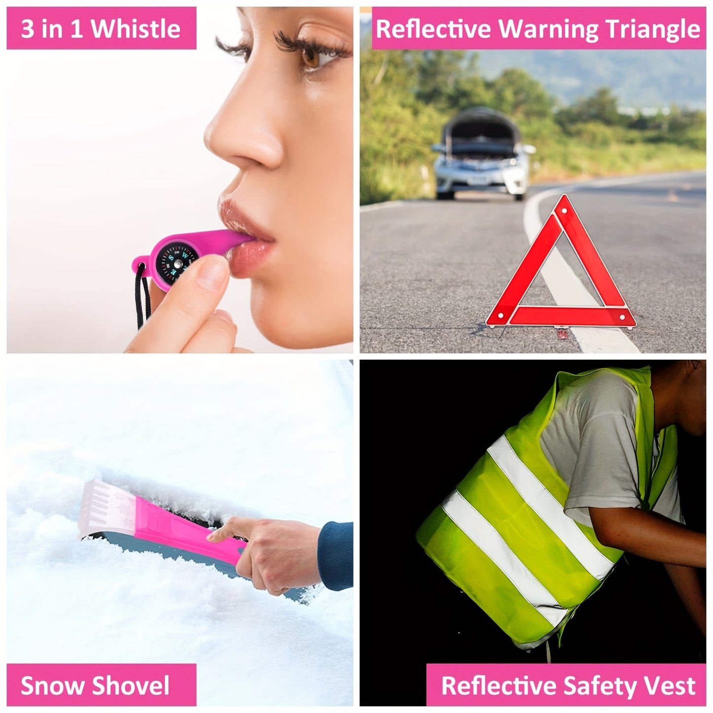 Pink Car Roadside Emergency Kit Assistance Emergency Kit with Jumper Cables Auto Tool Set Deer Whistles Winter Car Safety Roadside Assist Kit, Without Battery