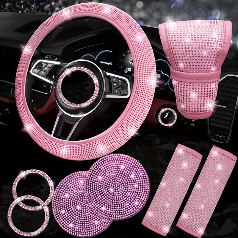 Set of 8 Sparkly Car Additions for Women, Including a Glittery Steering Wheel Cover, Shiny Car Coasters, Belt Shoulder Pads, Ring Emblem Sticker, And Gear Shift Cover