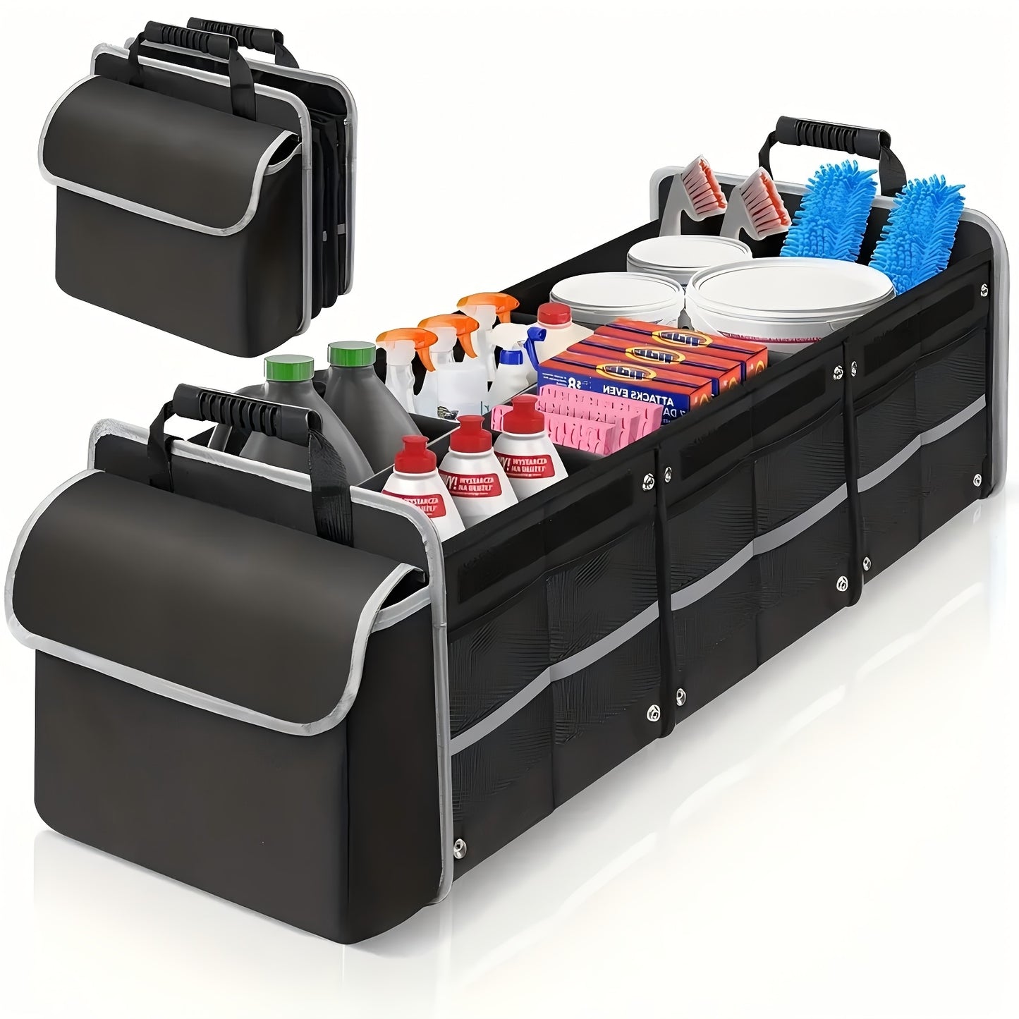 Car Trunk Organizer, Heavy Duty Foldable Storage Organizer, Collapsible Bag Cooler Bag with Lid, 3 Compartments & Straps, Insulated Leakproof Car Cargo Trunk Organizer for Car Truck