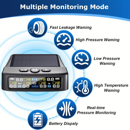 6-Wheel Tire Pressure Monitoring System, Solar Charging Tire Pressure Monitor, with 6 Sensors And 6 Alarm Modes, Real-Time Data Display Suitable for Trucks, Suvs, Vehicles, Enhanced Safety, Host solely Receives