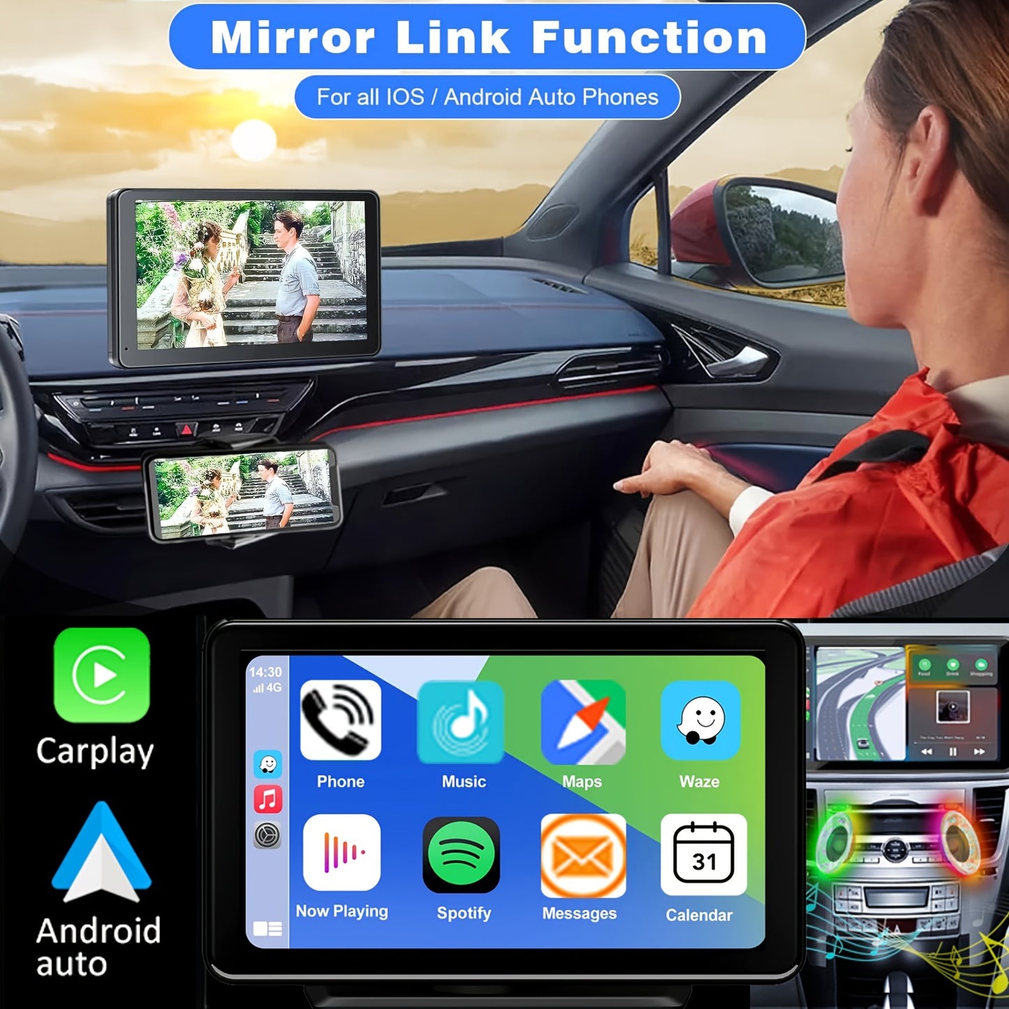 7-Inch Wireless Car Display with Car Audio, HD Touchscreen, 1080P Reversing Camera, Dashcam, GPS Navigation, Mirror Link, FM/AUX/USB/TF Interface, Compatible with All Car Models, a Must-Have for Vacations, And a New Year'S Gift for Dad And Driver