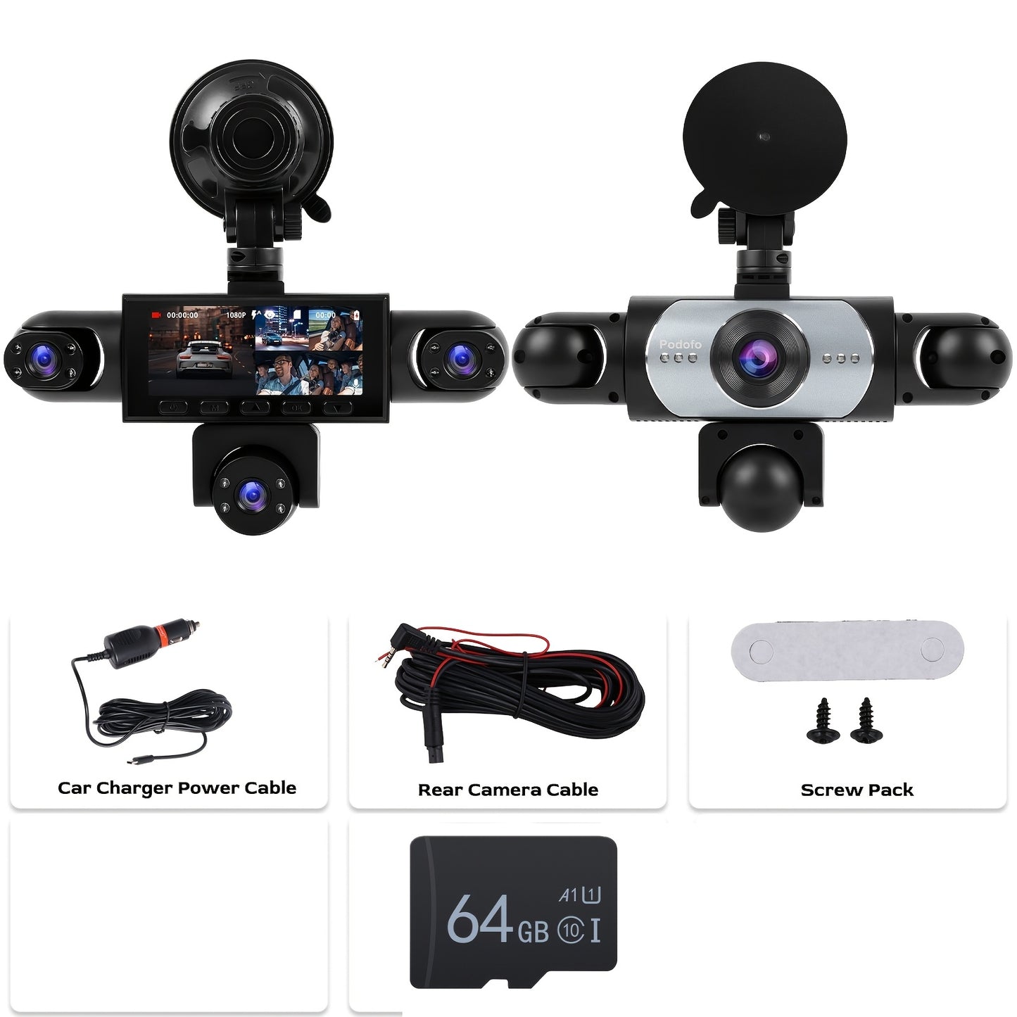 PODOFO Vehicle-Installed 5Lens/4lens High-Definition Dash Cam, Featuring 1080P Front And Front, Rear, Left, And Right, Providing 360° Comprehensive Coverage, Reverse Image Loop Recording, Car Camera/Car Additions/Monitoring System, Without Battery