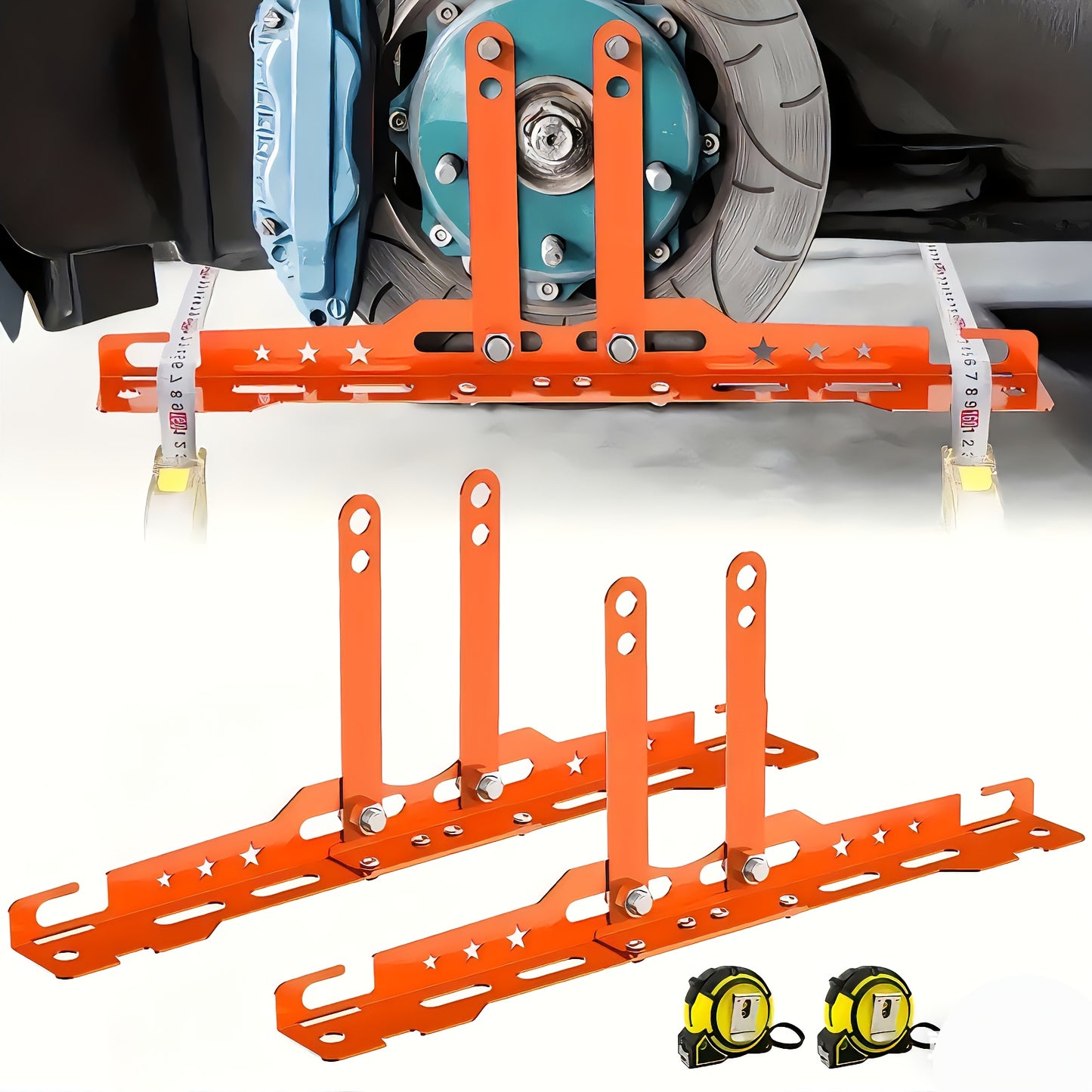 A Pair of Red Wheel Alignment Tools with 2 Measuring Bands, Household Car Toe Angle Positioning, Camber Angle Positioning Plate, Car Positioning Tool Kit, Toe Angle Plate