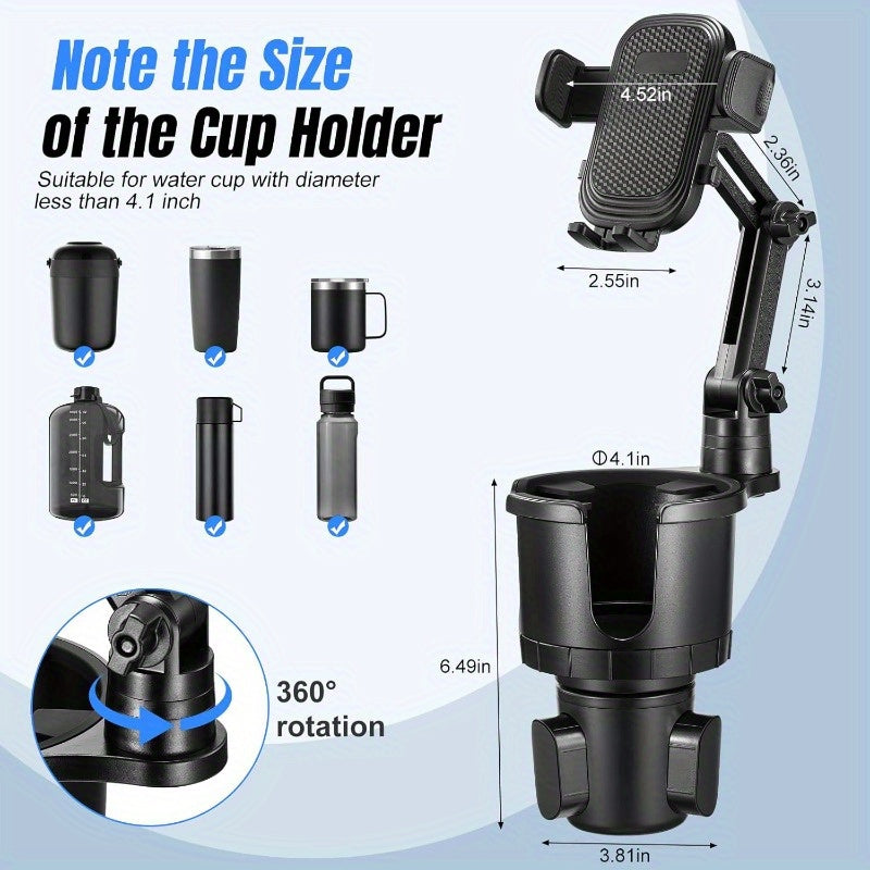 [2-In-1 Cup Phone Holder] Car Cup Holder Phone Mount, Upgraded 2-In-1 Car Cup Phone Holder Expander with Adjustable Base, 360-Degree Rotation, Cup Phone Holder for Car Compatible with Iphone, Samsung & All Smartphones