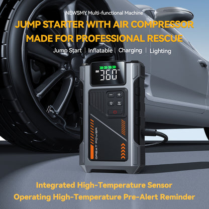 Portable Car Jump Starter with Air Compressor, Jump Starter for Car, 5000A Peak(2.11gal Gas, 1.72gal Diesel) with 150 PSI Tire Inflator, 12V Car Battery Jump Power Pack, Car Jumper Starter Portable, 5in 1 Function Jump, Battery Charger, Smart Cables