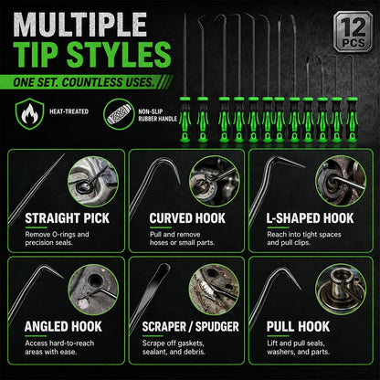 [Heavy-Duty Pick Set] 12pcs Heavy-Duty Pick and Hook Tool Set with Long & Mini Hooks, O-Ring Seal Gasket Puller, Oil Seal Removal Tool, Car, Truck, RV, Boat