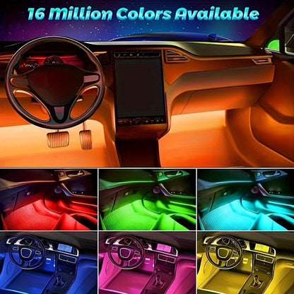 Set of 4 LED Lights for Car Interiors - Powered by USB, Featuring Colorful Underfoot Illumination That Syncs with Music to Create a Better Atmosphere, Without Battery