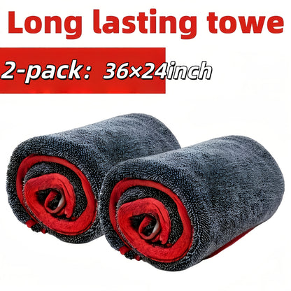 2pcs XXL Extra Large Microfiber Drying Towel With Twist Ring Design - Super Absorbent Thickened Technology Suitable For Cars, Trucks, Boats - Red And Gray Detail Cloth, Professional Look | Highly Absorbent Material