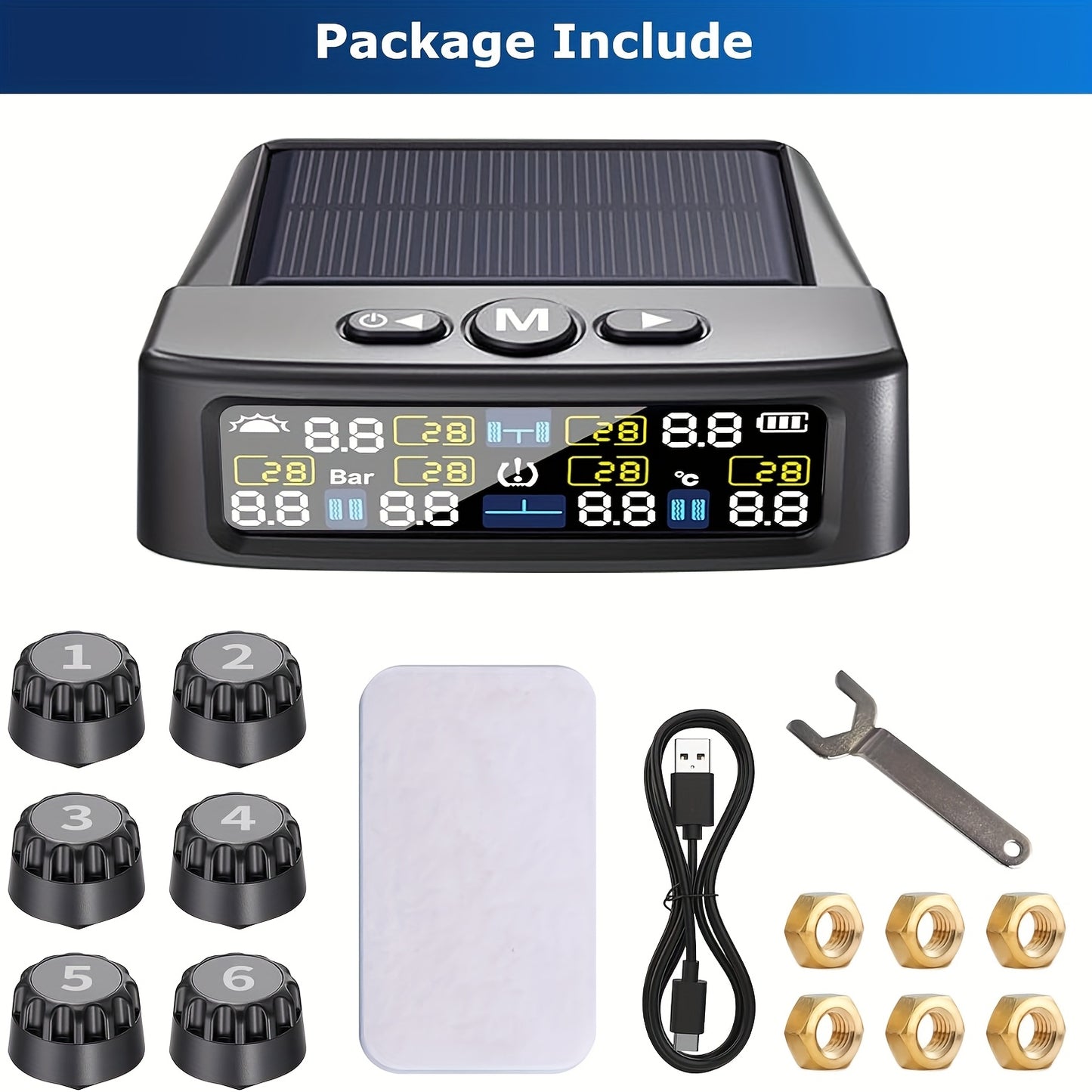 6-Wheel Tire Pressure Monitoring System, Solar Charging Tire Pressure Monitor, with 6 Sensors And 6 Alarm Modes, Real-Time Data Display Suitable for Trucks, Suvs, Vehicles, Enhanced Safety, Host solely Receives