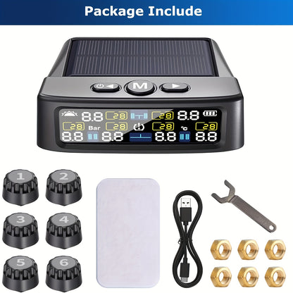 6-Wheel Tire Pressure Monitoring System, Solar Charging Tire Pressure Monitor, with 6 Sensors And 6 Alarm Modes, Real-Time Data Display Suitable for Trucks, Suvs, Vehicles, Enhanced Safety, Host solely Receives