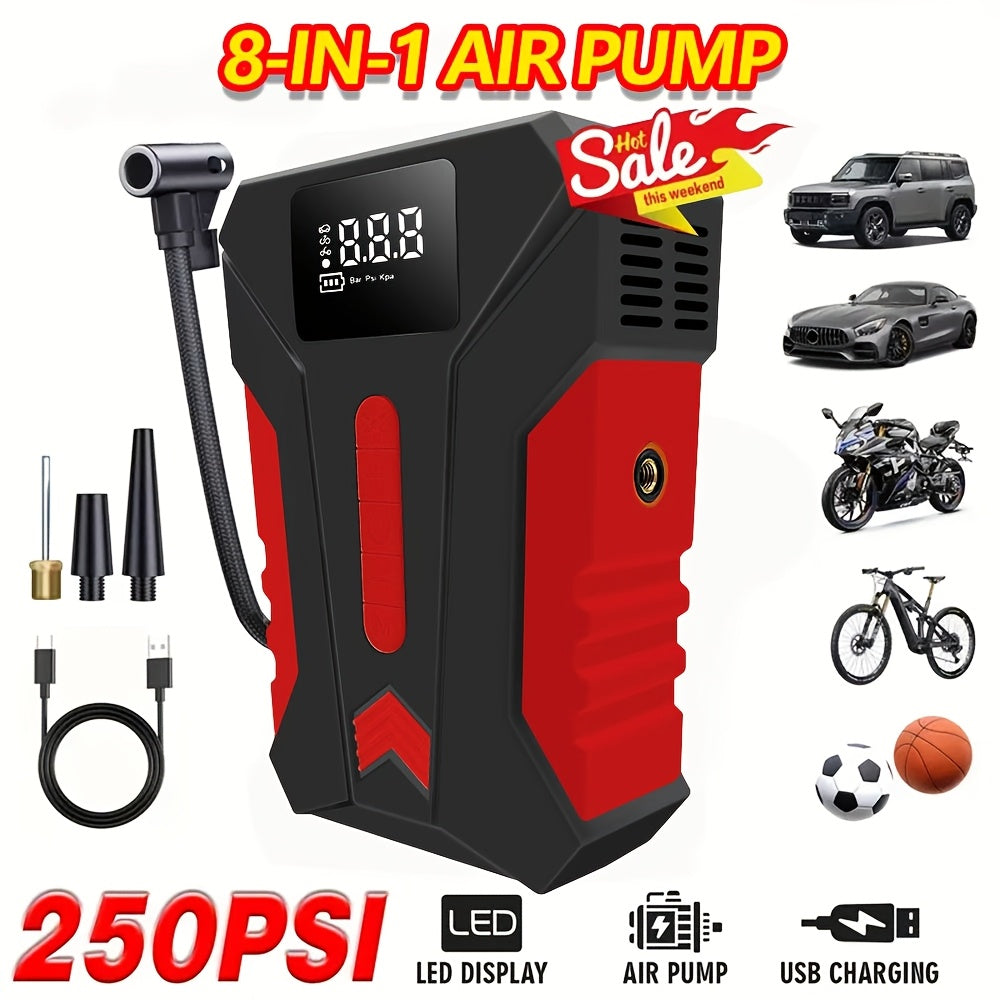 15000A Peak Car Emergency Starter & 250PSI Portable Tire Inflator, 12V (ALLGas/ 2.11 Gallons Diesel) Quick Start Vehicle, Portable Car Battery Charger, USB Input/ Output, LED Emergency Light, Car Emergency Tool