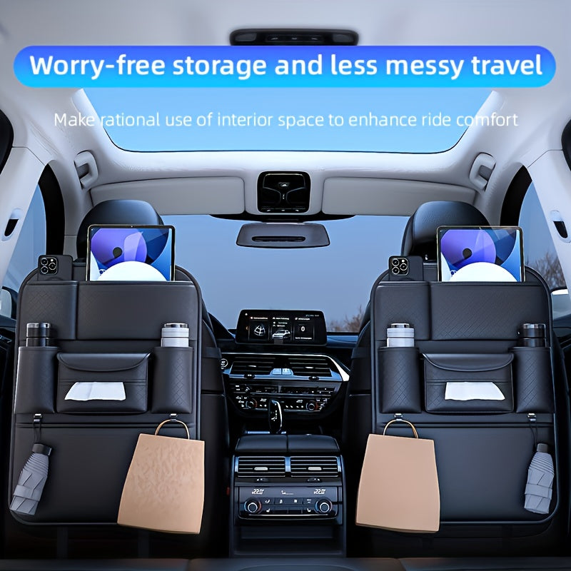 1pc High Quality Black Car Seat Back Organizer - Large Capacity PU Leather Storage Bag for Water Bottles, Tablets, Laptops And Accessories, Stylish Multi Compartment Backseat Organizer for Easy Car Storage