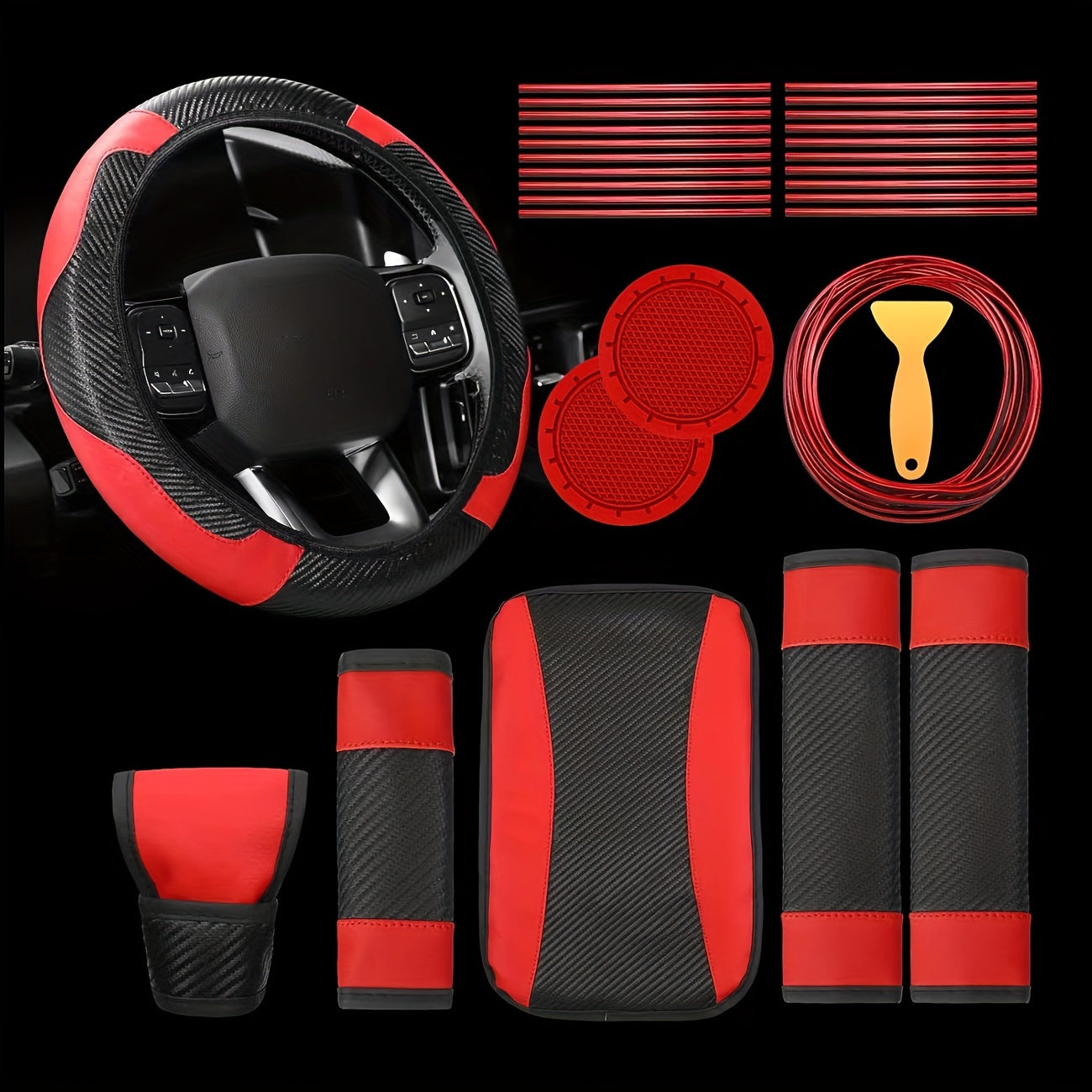 30pcs PU, Carbon Fiber Car Steering Wheel Cover, Car Air Outlet Decorative Strip Simple and Easy to Install, Universal Model