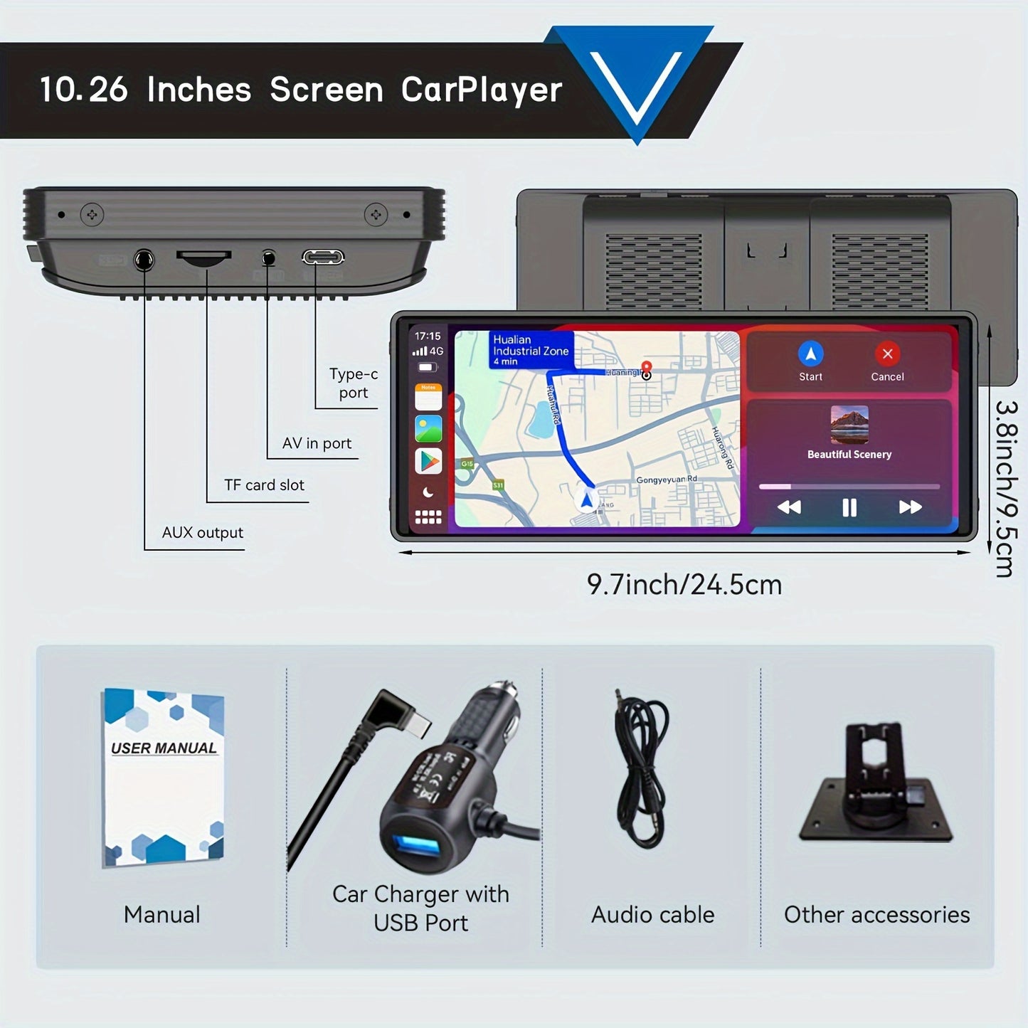 Portable Wireless Carplay Car Stereo, 10.26" Inch HD Touchscreen For Car With CarPlay & Android Auto With Mirror Link/Backup Camera/Siri/Wireless/Navigation/AUX For All Vehicles