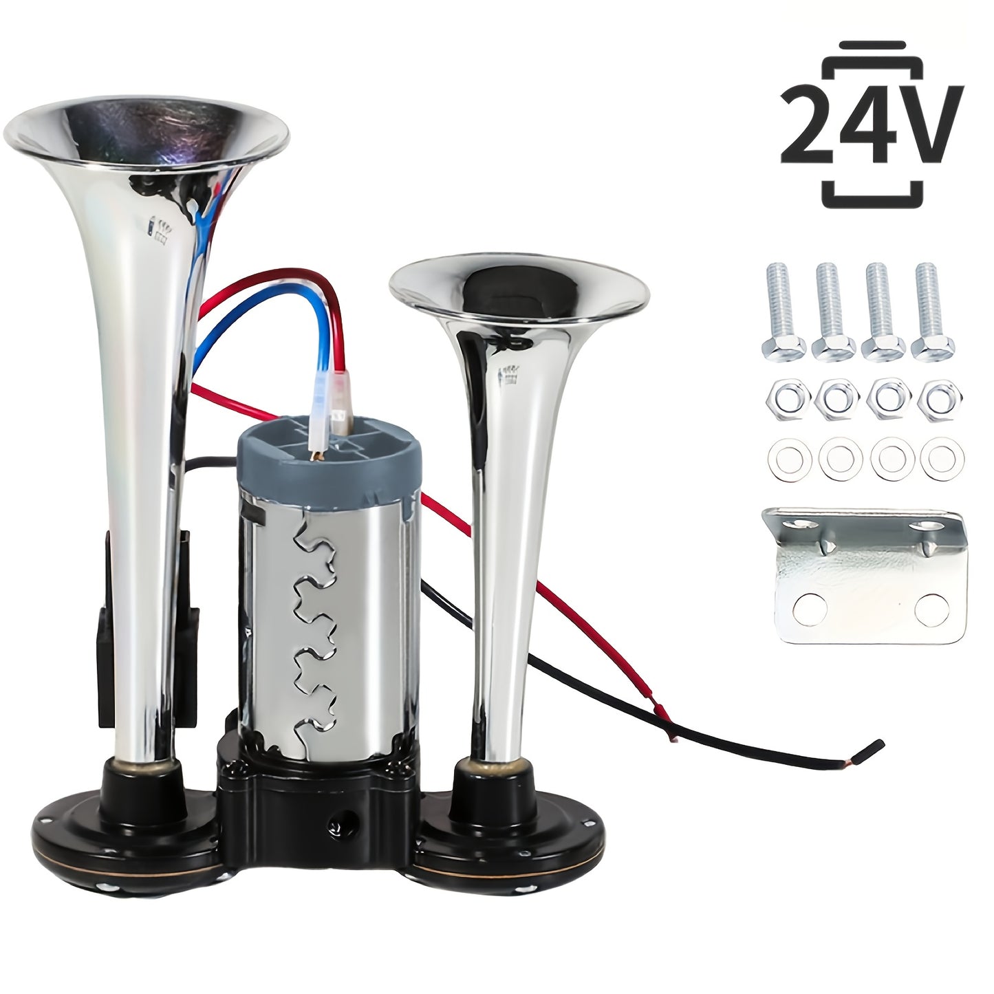 130dB Double Tube Air Horn 12V/24V, Aluminum Alloy Construction with Compressor Included, Super Loud for Trucks, SUVs, Boats, Quick Connect Installation