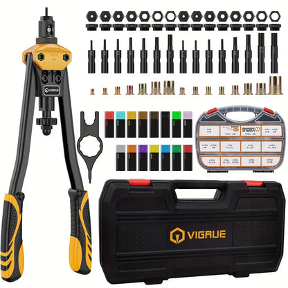 VIGRUE 16-Inch Rivet Nut Tool Kit Includes a Hand Tool Set with 15 Metric And Inch Mandrels Ranging from M3 to M12 And 6-32 to 1/2-13, Along with a Selection of 300 Metric And SAE Rivet Nuts