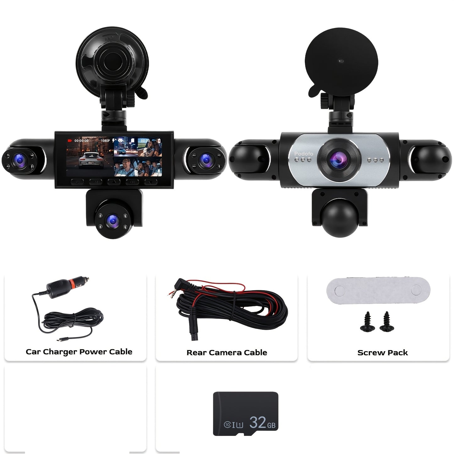 PODOFO Vehicle-Installed 5Lens/4lens High-Definition Dash Cam, Featuring 1080P Front And Front, Rear, Left, And Right, Providing 360° Comprehensive Coverage, Reverse Image Loop Recording, Car Camera/Car Additions/Monitoring System, Without Battery