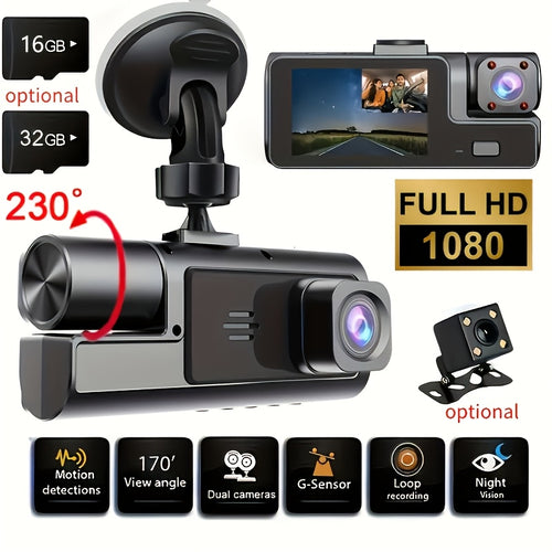 1080P Triple Camera Dash Cam, Car Camera with IR Night Vision, 170° Wide Angle Car DVR Camera, 16GB/32GB TF Card Optional, Loop Recording, G-Sensor | 2-Inch IPS Screen Dual Lens Car Dashboard Video Cam, 24H Parking Mode, Christmas Gift