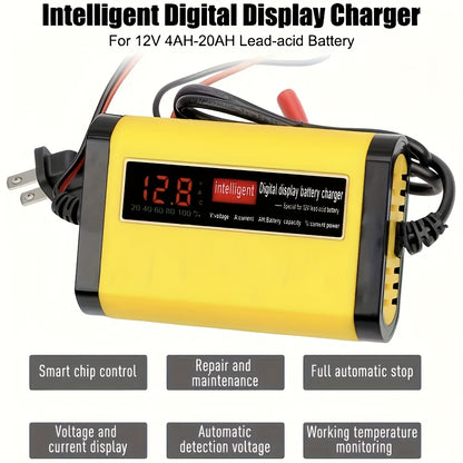 12V Intelligent Car Battery Charger - Intelligent Trickle Maintainer And Desulfurizer - Advanced Temperature Compensation Motorcycle Battery Charger for All 2Ah-100Ah Batteries, Car, Truck, Lawn Mower Battery Charger