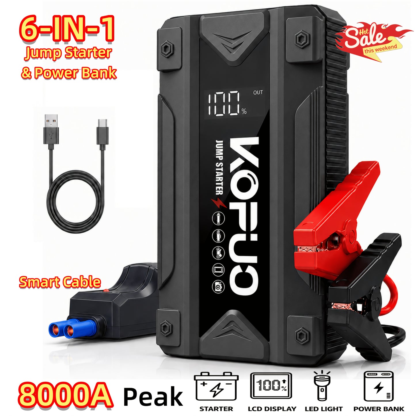 6000-20000A Peak Single Jump Starter Or 12V Portable Car Jump Starter with Air Compressor, Jump Starter Battery Pack with 150PSI Tire Inflator, 7-in-1 Multi-functional Battery Booster Power Bank with LED Light, Car Battery Charger, Roadside Assistanc