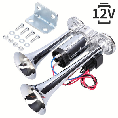 130dB Double Tube Air Horn 12V/24V, Aluminum Alloy Construction with Compressor Included, Super Loud for Trucks, SUVs, Boats, Quick Connect Installation