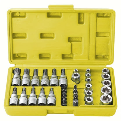 Set of 34 Torx Bit Sockets And E-Torx Sockets for 1/4", 3/8", And 1/2" Drives, Including Both Male And Female E-Torx Security Bits, Designed for Handheld Use