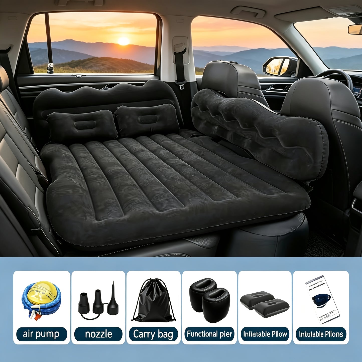 Luxury Premium Black And Stylish Beige Car Inflatable Mattress, Portable And Foldable, with PVC Flocking, Including Storage Bag, Air Pump And Two Pillows, Two Piers, Perfect for RVs, Trucks, And Foldable Beds In The Back Seat Of The Car Seat