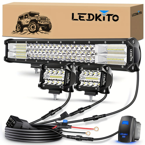 20inch LED Light Bar+ 4inch Led Work Light Kit With Switch On/ Off Wiring Harness Kit Relay Fuse, Led Off Road Light DC12-24V, For Trucks ATV UTV Boat Crane Excavator Forklift Courtyard Road( White), Without Battery