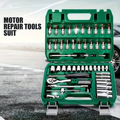 46pcs 1/4" Drive Socket Ratchet Wrench Set With Storage Case, With Reversible Ratchet, Includes Metric Socket Set And Extension For Automotive Repair And Home Maintenance