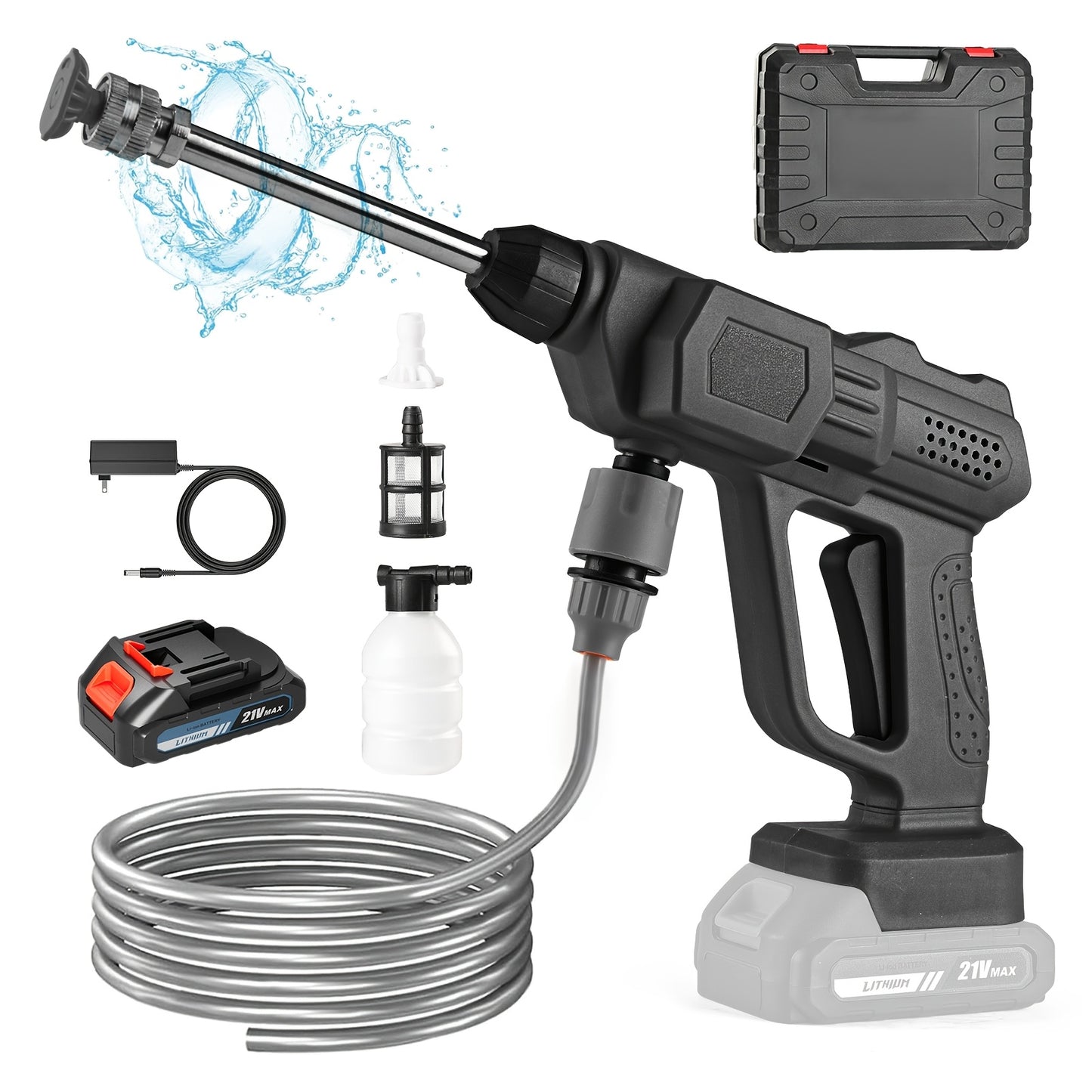 Portable High-Pressure Car Wash Machine, 500PSI Car Wash Machine, with 1/2 Batteries, 6-In-1 Nozzle, 5-Meter Hose, Portable High-Pressure Cleaning Machine for Car/Fence/Floor Cleaning And Watering, Is A Great Christmas Gift