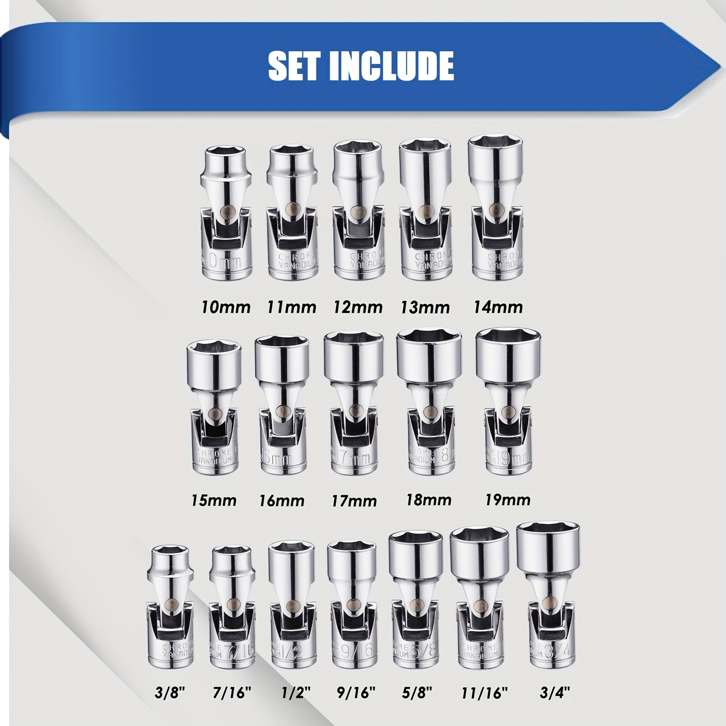 [17Pcs Socket Set] 17Pcs 3/8" Drive Universal Joint Socket Set, Including Both SAE And Metric Sizes, Ranging From 3/8" To 3/4" And 10Mm To 19Mm, Featuring A 6-Point Design, Made Of CR-V, With A Swivel Head For 360-Degree Access And A Flexible Wobble Socke