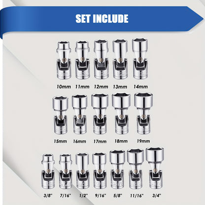 [17Pcs Socket Set] 17Pcs 3/8" Drive Universal Joint Socket Set, Including Both SAE And Metric Sizes, Ranging From 3/8" To 3/4" And 10Mm To 19Mm, Featuring A 6-Point Design, Made Of CR-V, With A Swivel Head For 360-Degree Access And A Flexible Wobble Socke