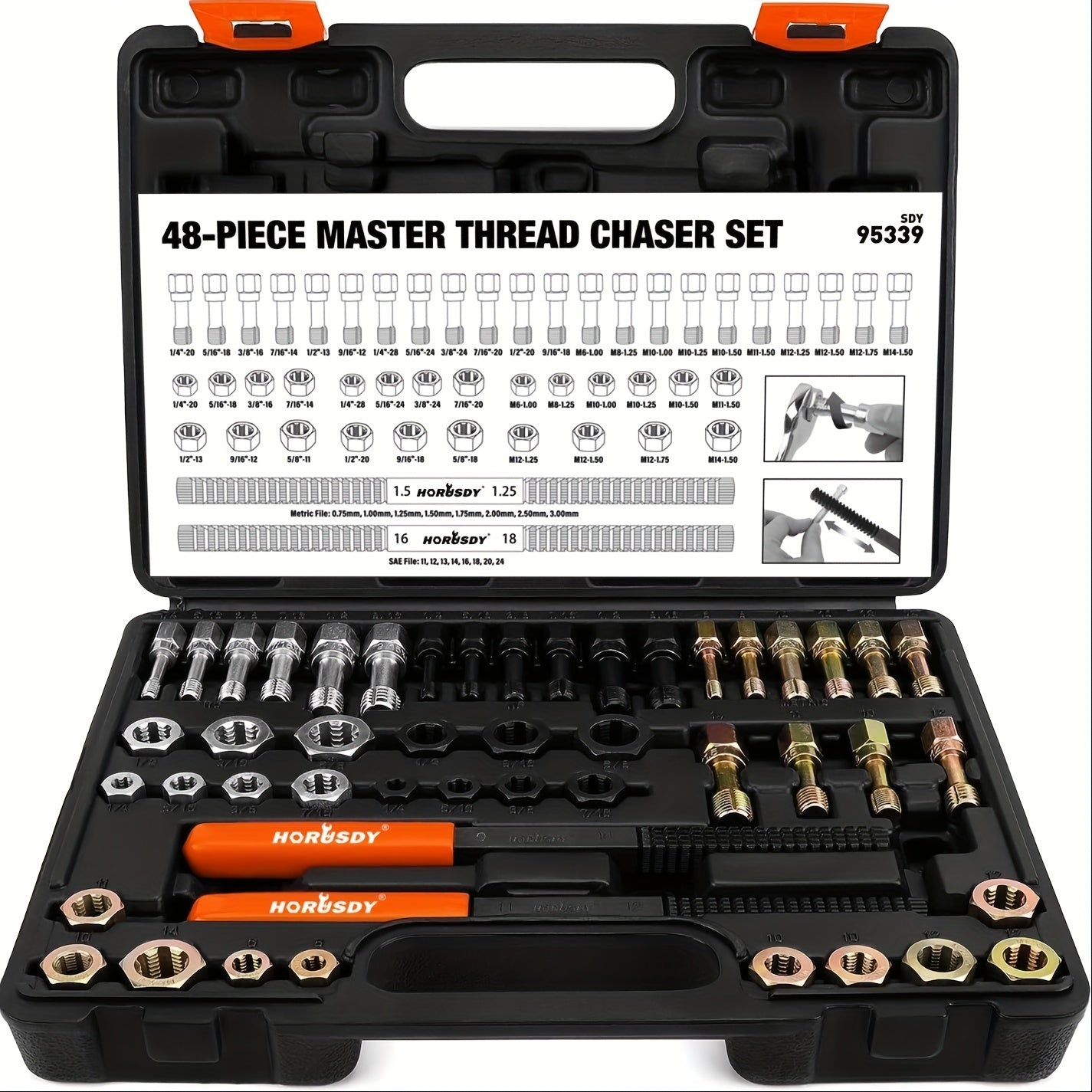 HORUSDY 48pcs Thread Chaser Set for UNF, UNC, And Metric Threads, Rethreading And Repair Kit