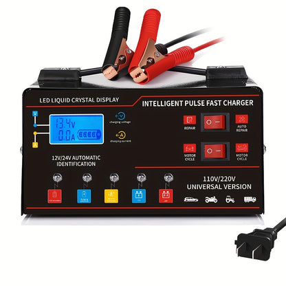 New Styles 12V 24V for smart Universal Battery Charger, LCD Screen, Pulse Repair Function, And Temperature Regulation Designed for Smart Trickle Charging Maintenance of Car, Truck, Harvester, Lawn Mower, Boat, And Motorcycle, Lead Acid Batteries