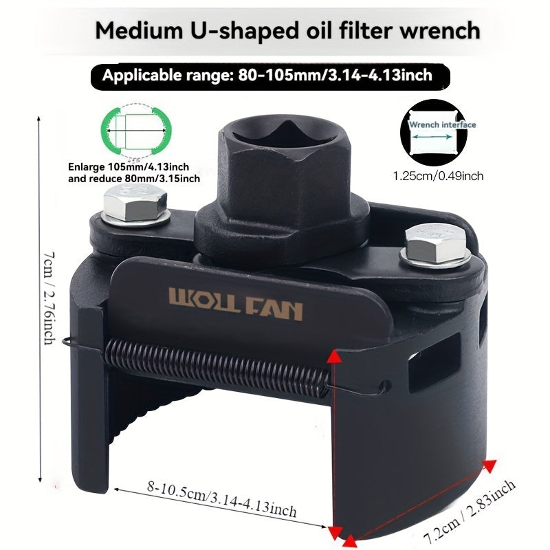 Adjustable Oil Filter Wrench, German U-Shaped Multi-Function, Two-Jaw Reversible Mechanism, Black Metal with Hex Socket and Adjustment Knob for Engine Maintenance