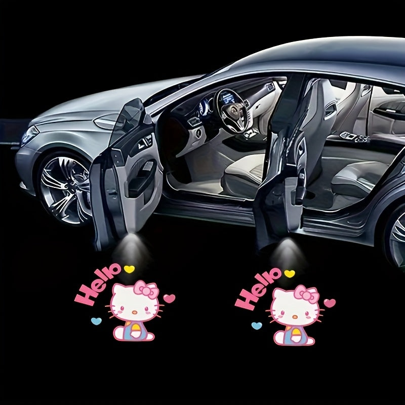 Set of 2 Sanrio Hello Kitty Car Door Lights, Featuring LED Projectors That Display a Cartoon Love Design. These Wireless LED Lights Create a Shadow Effect And Serve As Car Additions, Without Battery