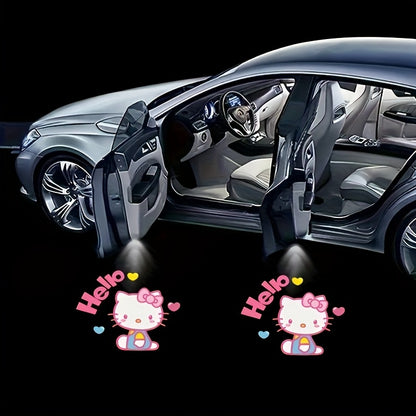 Set of 2 Sanrio Hello Kitty Car Door Lights, Featuring LED Projectors That Display a Cartoon Love Design. These Wireless LED Lights Create a Shadow Effect And Serve As Car Additions, Without Battery