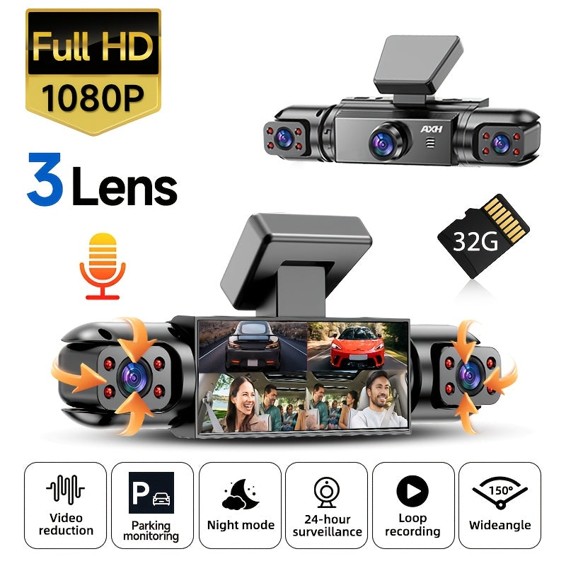 AXH 360° Panoramic 3/4 Lens Channel 1080P HD Ultimate Safety Dash Cam Set, 1080P Front and 720P Full Coverage Front, Rear, Left, and Right, Quad-Split Screen Display, HD Night Vision, WDR, G-Sensor, Loop Recording - Car Accessories/Car Dash