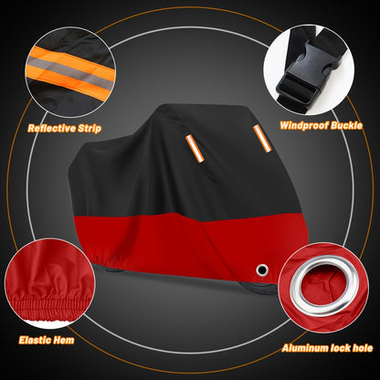 Motorcycle Cover, 210D Oxford Cloth All Weather Outdoor Wind And Sun Protection with Reflective Stripes for Harley Davidson for HONDA for SUZUKI Kawasaki Yamaha (Black And Red)