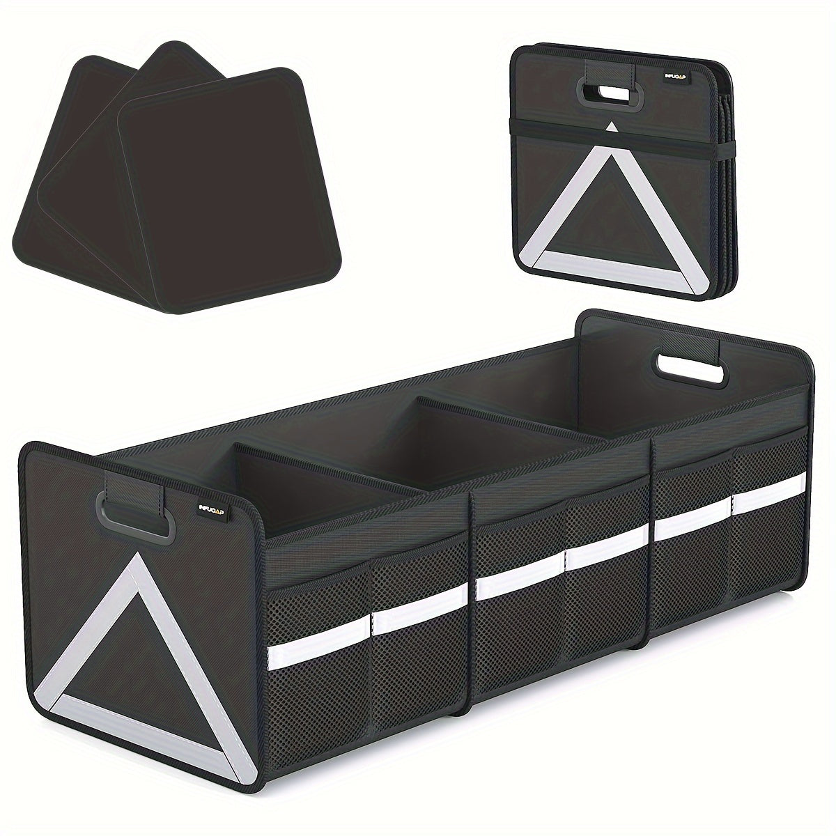 Heavy Duty Foldable Trunk Organizer with Multi Pockets & Reflective Stripe - Collapsible Storage for Car, SUV, Minivan, Trunk Space Saver, Easy Access Design, Secure Zipper Closure