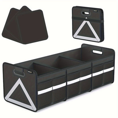 Heavy Duty Foldable Trunk Organizer with Multi Pockets & Reflective Stripe - Collapsible Storage for Car, SUV, Minivan, Trunk Space Saver, Easy Access Design, Secure Zipper Closure