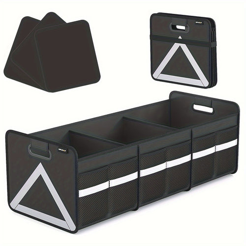 Heavy Duty Foldable Trunk Organizer with Multi Pockets & Reflective Stripe - Collapsible Storage for Car, SUV, Minivan, Trunk Space Saver, Easy Access Design, Secure Zipper Closure