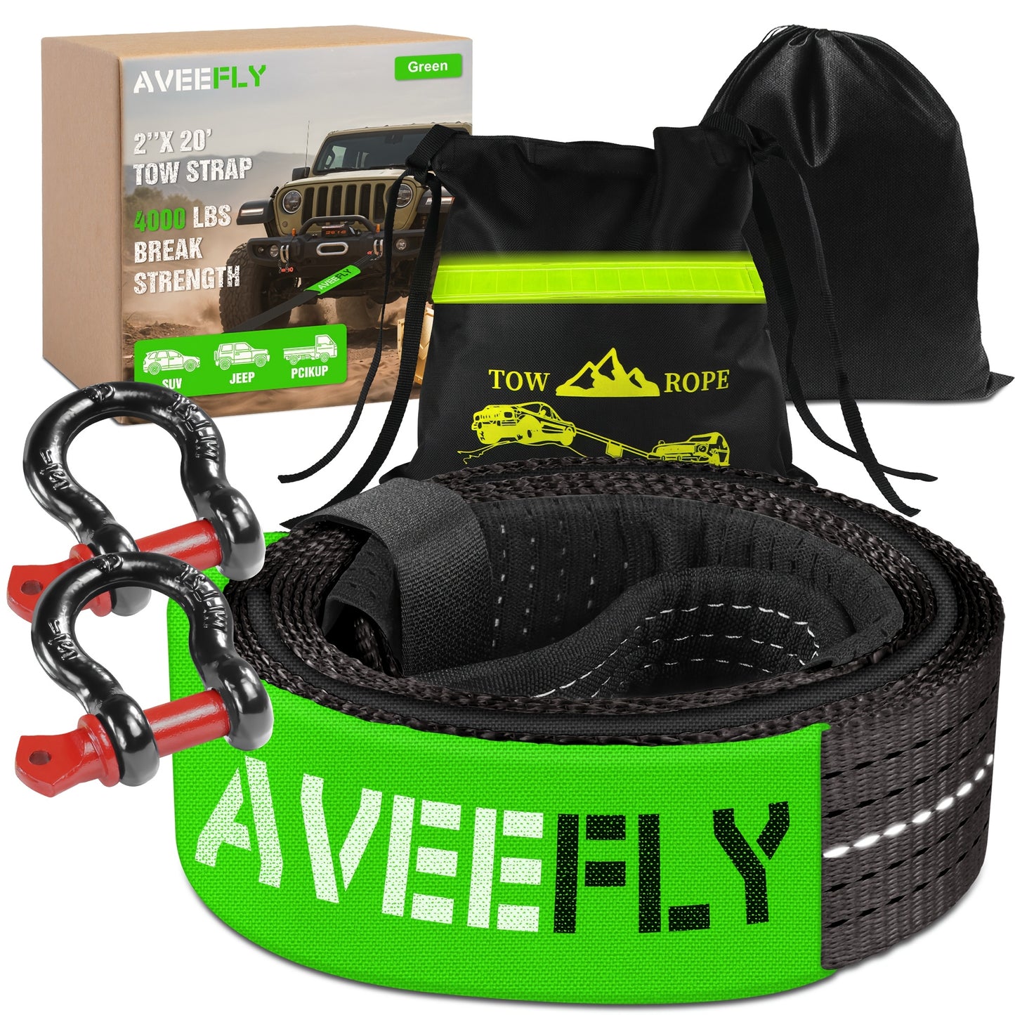 Heavy Duty Recovery Tow Strap, 4000/6000LBS Break Strength (3"x30'/2"x20'), Emergency Recovery Strap Tow Rope for Truck for JEEP ATV UTV Offroad 4x4 Use & More, Towing Strap with 2pcs D Ring Shackles, Reflective Safety Flag, Storage Bag