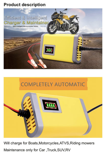 12V Intelligent Car Battery Charger - Intelligent Trickle Maintainer And Desulfurizer - Advanced Temperature Compensation Motorcycle Battery Charger for All 2Ah-100Ah Batteries, Car, Truck, Lawn Mower Battery Charger