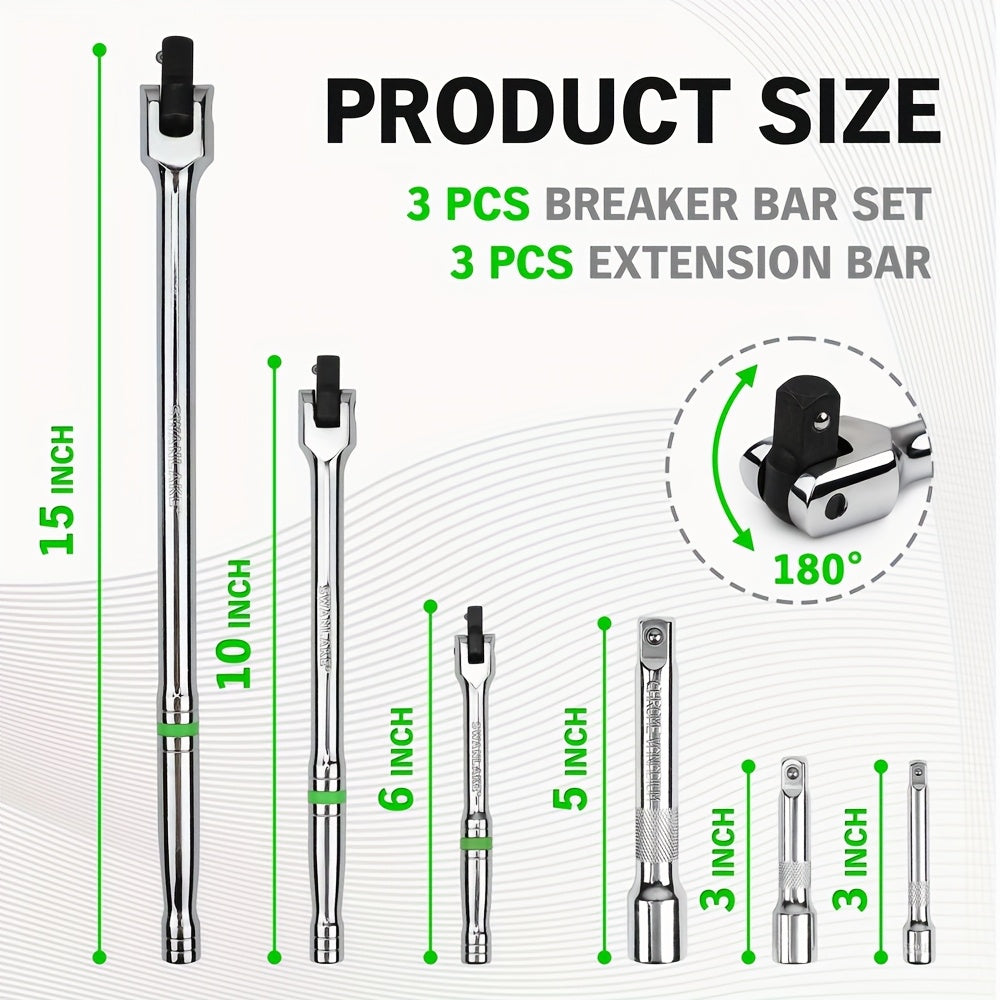 [Heavy Duty Breaker Bars] 6pcs Breaker Bar Set, 1/4", 3/8" & 1/2" Drive, Heavy Duty Breaker Bars, 6-inch, 10-inch, 15-inch Length with 180° Rotatable Head, Chromium Vanadium Steel