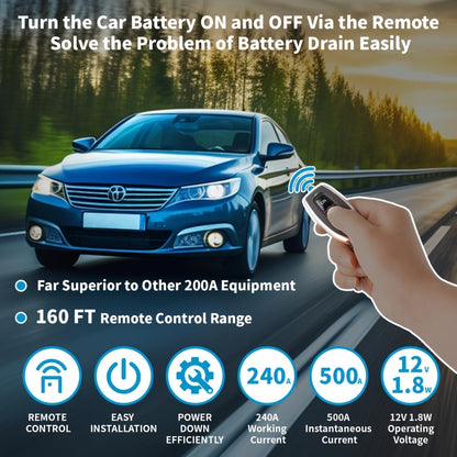 12V 240A Remote Battery Disconnect Switch with Two Remote Controllers, Upgraded Smart Voltage Vehicle Power Cut-Off Switch Featuring Magnetic Lock Design, Anti-Theft and Anti-Misoperation Functions to Prevent Battery Drain, Suitable for Horizontal