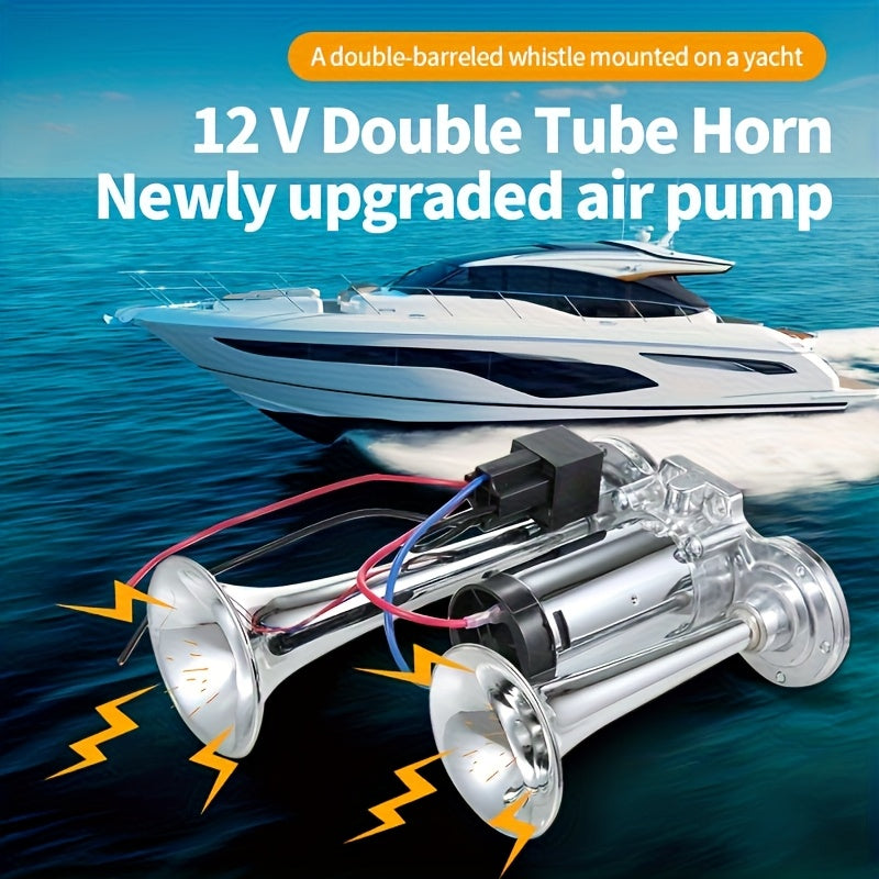 130dB Double Tube Air Horn 12V/24V, Aluminum Alloy Construction with Compressor Included, Super Loud for Trucks, SUVs, Boats, Quick Connect Installation