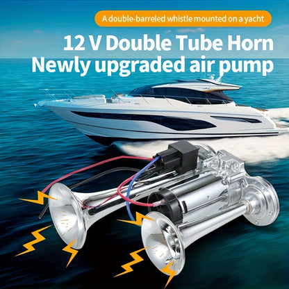 130dB Double Tube Air Horn 12V/24V, Aluminum Alloy Construction with Compressor Included, Super Loud for Trucks, SUVs, Boats, Quick Connect Installation